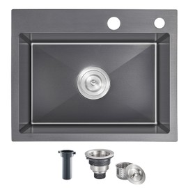 OUGOO 22 x 18 inch Drop in Kitchen Sink, 9" Deep Single Bowl Kitchen Sinks,T-304 Stainless Steel Topmount Sink with Strainer, Black