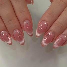 SXVME Cat Eye Ombre Pink Press on Nails Almond Shape, French Tip False Nails Medium Stiletto, Glitter Blush Pink Fake Nails Press ons, Bling Sparkle, Reusable Gel Stick on Nail for Women, 30 Pcs