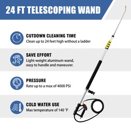 janz 24 FT, Aluminum Telescoping Pressure Washer Wand with 2 Pressure Washer Extension Wands,Gutter Cleaner Attachment, 7 Spray Nozzle Tips, 2 Hose Inlet Adapters, Pivoting Coupler and Support Harness