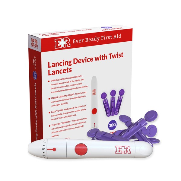 Ever Ready First Aid Lancing Device with 100 30 Gauge Twist Lancets for Blood Sugar Testing