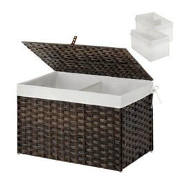 GREENSTELL Storage Basket with Lid, Handwoven Blanket Storage Basket with Cotton Liner and Metal Frame, Foldable & Easy to Install, Shelf Basket Bin with Handle for Bedroom, Laundry Room Brown 65L