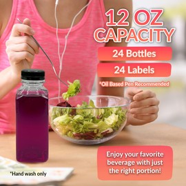 Reli. Plastic Juice Bottles [24 Pack] [12 oz] Square Plastic Juice Bottles with Caps & Sticker Labels | Clear, Empty for Juicing 12oz | Disposable, Reusable Containers for Juicing, Smoothies