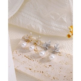 Pearl Earrings for Women, 14k Gold Plated Trendy Cubic Zirconia Pearl Drop Earrings Bridesmaids Brides Wedding Gifts for Women