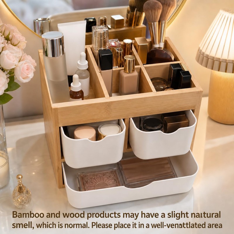 Bamboo 3-Drawer Makeup Organizer, Mortise & Tenon Vanity Box Desk
