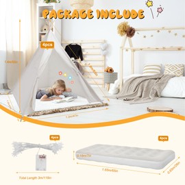 4 Pack Teepee Tent for Kids [Thickened] with Light String and Inflatable Airbed, Slumber Party Tents, Sleepover Tents Party for Girls Boys Indoor Outdoor (White)