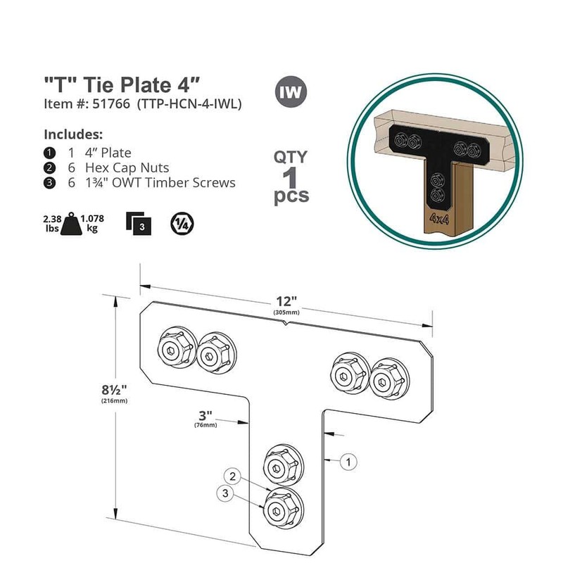 OZCO Building Products 51766 OZCO Ironwood T Connectors w/Hex Cap