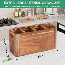 ZUJJAFY Utensil Holder, Acacia Wood Kitchen Utensil Holder for Counter with 4 Compartments, Extra Large Wooden Kitchen Utensils Organizer for Countertop Cooking Spatula Storage