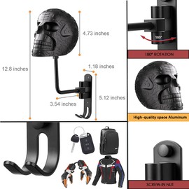 SANGMO Metal Skull Helmet Holder, Motorcycle Helmet Rack 180 Degree Rotation Wall Mount with 2 Hooks for Motorcycle Bike Baseball Rugby - Black
