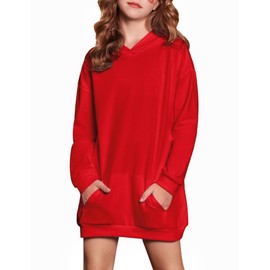 Arshiner Girls Hoodies Pullover Drop Shoulder Kids Casual Hoody Cute Solid Color Hooded Sweatshirts Red Size 9-10Y