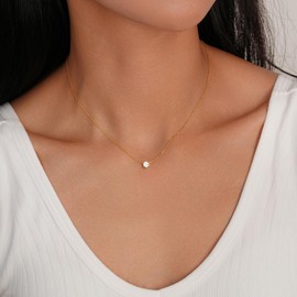 JaruJaru Dainty Vermeil Ultra Thin Gold Chain Necklace, 14K Gold Plated on Sterling Silver, White Cubic Zirconia Crystal, Delicate Dewdrop Stone, 38cm/41cm/45cm Adjustalbe Length