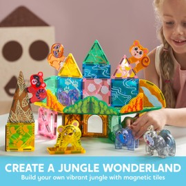 Magnetic Tiles Jungle Animal Set for Kids, 50PCS Including 7 Cute Animals, Jungle-Themed Magnetic Tiles, Educational STEM Toy for Boys & Girls Ages 3-5 4-8, Xmas Birthday Party Gift for Toddlers
