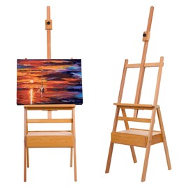 74.8" H-Frame Oak Easel, Floor Standing Easels French Easel with Drawer, Solid Beech Wood Easel, Painting Canvas Holder Stand, Tilts Flat Artist Easel, Height Angle Adjustable Wooden Color