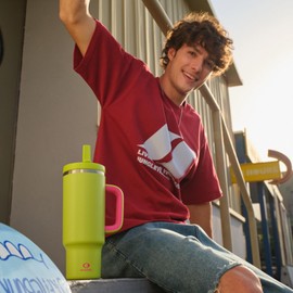 ENCOOL 32 oz Tumbler with Handle and Straw: Stainless Steel Insulated Tumbler Keeps Cold for 24 Hours, Leakproof Travel Cup Fits in Cup Holder and BPA-Free,Acid Green