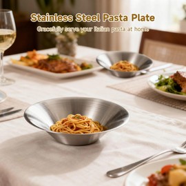 Toyosport 4 Pcs Stainless Steel Dinner Plates, 8.3 in, Salad Bowls, Spaghetti Serving Platters, Catering Trays, Metal Camping Plates Set, Drop Resistant & Stackable