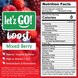 Let'z Go Clean Energy Drink Mix – Natural Caffeine Packets, Vitamins C + D, Electrolytes, Sugar-Free, Zero Calories | Anytime Energy | 15 Count (Mixed Berry)