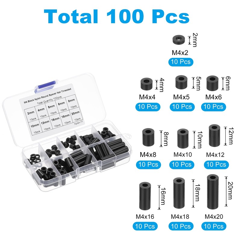 PATIKIL M4 Nylon Spacer, 100Pcs Round Spacer Standoff Non-Threaded Assortment