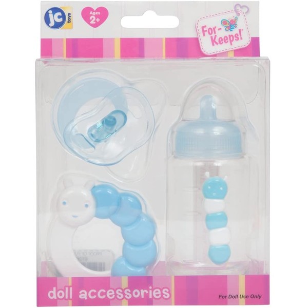 JC Toys Blue Baby Doll Bottle, Rattle & Pacifier Set for Keeps Playtime! | Fits Many Dolls up to 15" | Play Accessories | Ages 2+