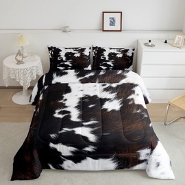 Brown Cowhide Comforter Set Queen,Black White Aztec Cow Print Bedding Set Western Farmhouse Animal Fur Down Comforter for Kids Boys Girls,Rustic Cowboy Quilt Duvet Set 2 Pillow Cases Bedroom Decor