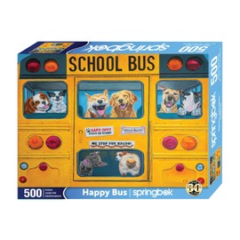 Springbok Happy Bus 500 Piece Jigsaw Puzzle for Adults and Kids - Dog Lovers will Enjoy This illustration by Artist Carol Luz of lots of happy dogs on The schoolbus.