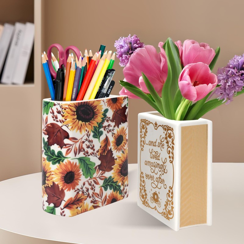IBEQUEM Ceramic Book Vase, Multifunctional Desktop Ceramic Vase, Ceramic Book