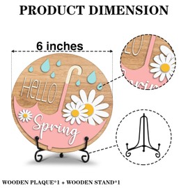 ISOVF Hello Spring Desk Decor, Rustic Floral Spring Wood Plaque with Stand, Spring Decorations for Home, Gifts for Her Friends Women Coworker, 6 inches - B02