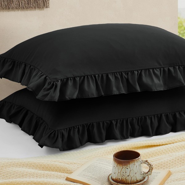 Cobedzy Ruffled Pillow Cases Set of 2, Black Standard Pillow