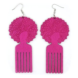 Teri's Boutique Afrocentric African Afro Pick Comb Women Hair Wood Multicolor Drop Dangle Earrings (Pink)