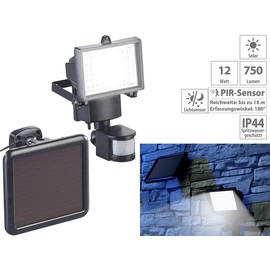 Luminea Solar Motion Sensor: Solar LED Wall Floodlight for Outdoor Use, with PIR Sensor, 12 W, 750 Lumens, IP44 (Solar Spotlight, Solar Outdoor Spotlight, Motion Sensors)