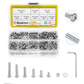Kadrick 304 Stainless Steel Screws,300 Pcs M4 Screw Assortment Button Head Socket Cap,M4x6mm,8mm,10mm,12mm,16mm,20mm Metric Bolts Nuts Washers Kit with 1 Hex Allen Wrenche