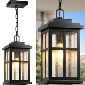 VIANIS Large Outdoor Pendant Light Fixtures, Modern Black Exterior Chandelier for Porch with Adjustable Chain, Die-cast Aluminum Waterproof Hanging Porch Light for Doorway with Tempered Seed Glass