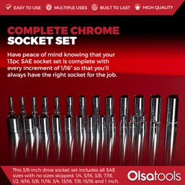 Olsa Tools SAE Socket Set (13pc) | 3/8-Inch Drive | 6-Point Shallow Socket Set | Standard Imperial Sizes from 1/4" to 1" | Mechanic Fractional Socket Sets | Short Chrome Sockets | Professional Grade