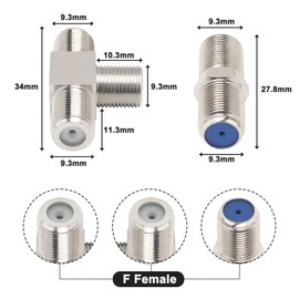 Kaunosta RG6 Coax Cable Extender Connector Kit Upgraded with F Type Splitter 3 Way Female to 2 Female T Shape Adapter Combiner and F Type Female to Female TV Aerial Adapter for TV Video Antenna 4Pcs