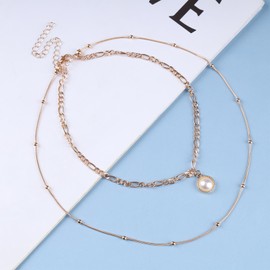 Iaceble Boho Layered Pearl Necklace Choker Round Pearl Pendant Necklace Gold Figaro Chain Necklace Vintage Pearl Dangle Necklace Jewelry For Women