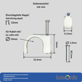 Lumonic 100 x Nail Clamps 14 mm for Cable White - Cable Clamp with 30 mm Nail e.g. for Attaching to the Wall - Cable Clamps Various Sizes 4-14 m