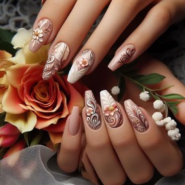 Long Ballet Press on Nails Spring Glue on Nails with 3D Rose Relief Design Stick on Nails Gradient Acrylic Fake Nails Feather False Nails Full Cover Artificial Nails Reusable Nails Kit for Women Girl