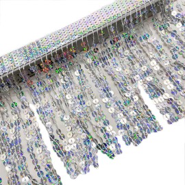 Lauthen.S Borde de flecos de lentejuelas de 6.5 yardas, borlas de lentejuelas de 11.8 pulgadas, ribete de costura para manualidades, vestido latino, decoración de ropa, color plateado