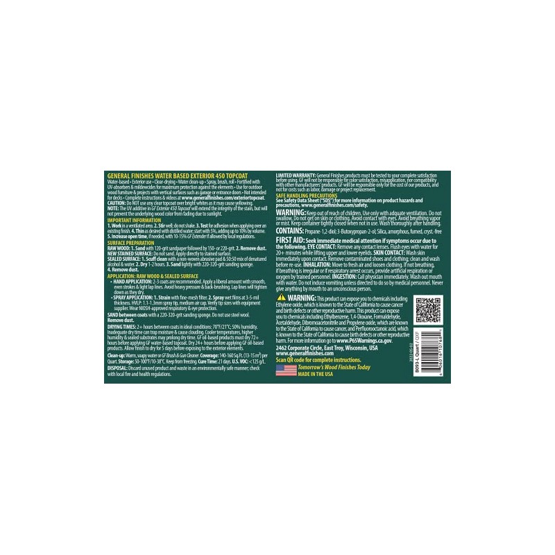 General Finishes Exterior 450 Water Based Topcoat, 1 Quart, Flat