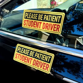 Stickios Student Driver Stickers - Removable Non-Magnetic Vinyl Decal Signs for Cars & Windows - Made in USA (10x4 inches, 2-Pack)