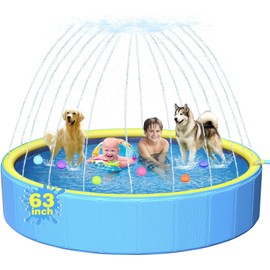Yivsen 63in Sturdy Dog Pool with Sprinkler, 2-in-1 Non-Slip Kiddie/Kids Pool Hard Plastic, Foldable Dog Sprinkler Pools for Large Dogs, Portable Pet Swimming Pool for Summer Outdoor Backyard