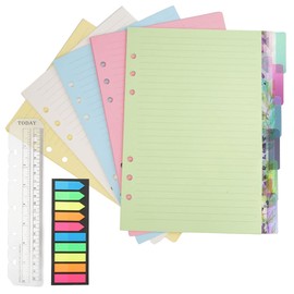 A5 Refillable Note Paper Set, A5 Paper 6 Hole, 50 Sheets A5 Paper Refill Paper Lined, 6 Pieces Dividers A5, 200 Pieces Sticky Tabs Coloured, 20 cm Ruler, A5 Ring Binder Refill Paper