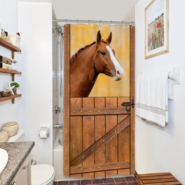 Riyidecor Stall Half Rv Horse Shower Curtain 36Wx72H Inch Rustic Single Narrow Curtains Barn Door Small Farm Country Animal Western Wildlife Bathroom Decor Fabric Polyester Waterproof 7 Pack Hooks