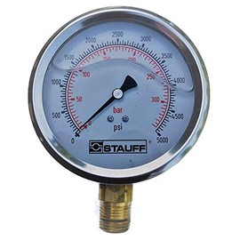 Stauff SPG Series 4" Face Pressure Gauge, 0-5000psi Pressure Range, 1/2 NPT, Stem Mounted Style