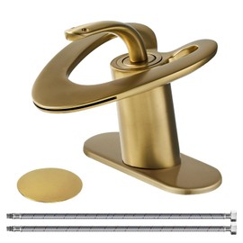 Wovier Brushed Gold Waterfall Bathroom Sink Faucet,Single Handle Single Hole Brass Lavatory Vanity Faucet,Basin Mixer Taps with Supply Hose and Pop Up Drain Assembly