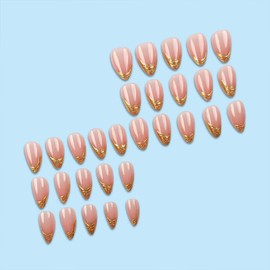 30Pcs Gold French Tip Press on Nails Short Almond Shaped Fake Nails Pink Full Cover Acrylic Nails 3D Embossed Design Nails Press on French Glue on Nails Glossy Stick on Nails for Women