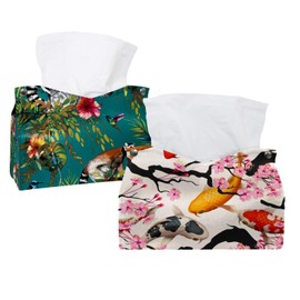2 Pack Tissue Box Cover Holder, Koi Fish and Cherry Rectangle Leather Tissue Case, Decorative Organizer for Tabletop, Bathroom, Car, Office