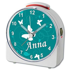 CreaDesign, WU-71-1032-10 Analogue Children's Alarm Clock with Sweep Movement and Fluorescent Hands and Light, White with Name, 10.2 x 4.6 x 11 cm