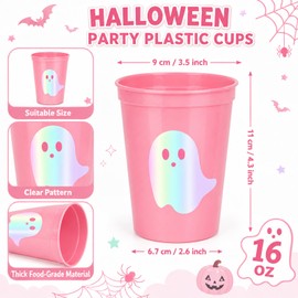 24 Pack Halloween Iridescent Plastic Cups, Ghost, Pink Color, 16oz