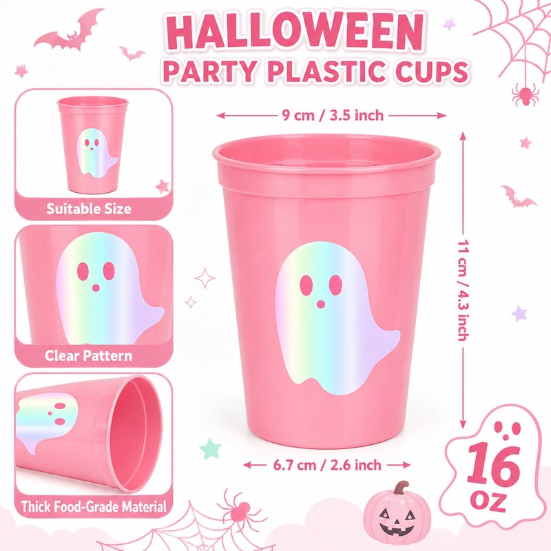 24 Pack Halloween Iridescent Plastic Cups, Ghost, Pink Color, 16oz
