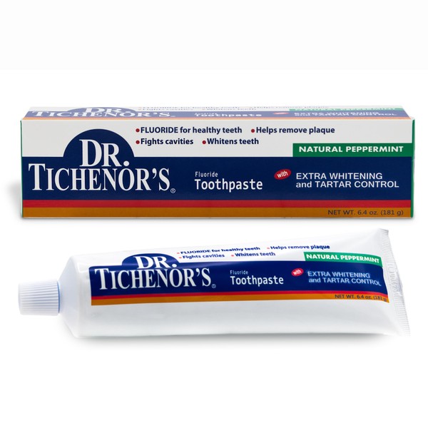Dr. Tichenor's Extra Whitening and Tartar Control Fluoride Toothpaste - Cavity Fighting, Plaque Removal, and Teeth Whitening, with Natural Peppermint Flavor - 6.4 Ounce (Pack of 2)