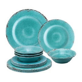 Supreme Housewares 12-Piece Melamine Dinnerware Set, Includes Dinner Plates, Salad Plates, Bowls, Service for 4. (Crackle, Turquoise)
